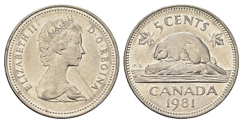 Канада 5 центов 1981 Елизавета II (1952-2022), бобр KM 60.2 никель 4689-419