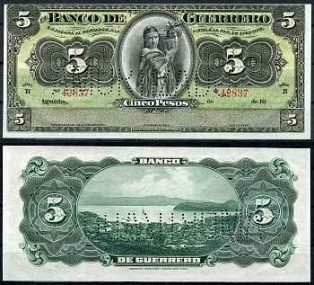 Мексика, Banco de Guerrero 5 песо ND (19__) девушка с корзиной фруктов, Акапулько, серия B, AMORTIZADO Pick S 298c  бумага  UNC (пресс) 451-451-2