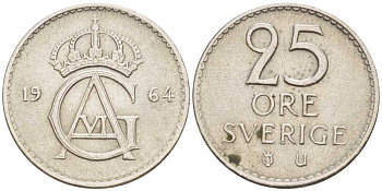 Швеция 25 эре 1964 Густав VI Адольф (1950-1973) KM 836 медно-никель 105-748