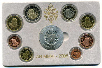 Ватикан евронабор из 8 монет + серебряная медаль 2006 Бенедикт XVI, в оригинальной коробке, с сертификатом KM PS 19 биметалл PROOF 7-1-1-13