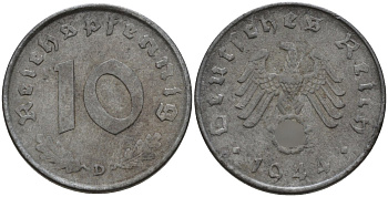 Германия 10 рейхспфеннигов 1944 D KM 101, J.371 цинк 4151-319