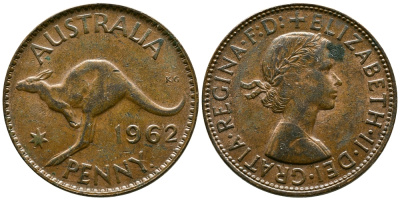 АВСТРАЛИЯ 1 ПЕННИ 1962 p, ЕЛИЗАВЕТА II (1953-), КЕНГУРУ KM 56 бронза 61-1035
