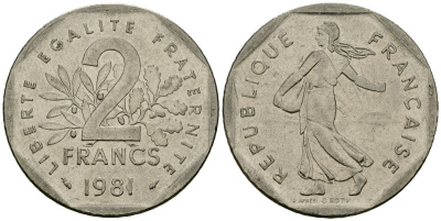 Франция 2 франка 1981 сеятель KM 942.1, Le Franc 272.3 никель 4120-1114