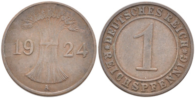 ГЕРМАНИЯ 1 РЕЙХСПФЕННИГ 1924 А KM 37, J.313 бронза 4588-341