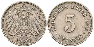 Германия 5 пфеннигов 1912 J, KM 11, J. 12 медно-никель 220-631