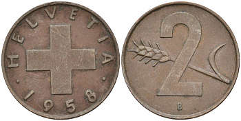 Швейцария 2 раппена 1958 В KM 47 бронза 4591-1215