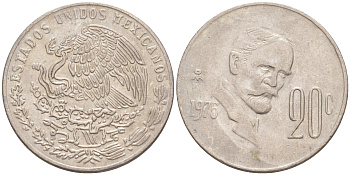 Мексика 20 сентаво 1975 Франциско Индалеси KM 442 медно-никель 4541-442