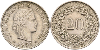 Швейцария 20 раппенов 1951 В KM 29а медно-никель 4589-1234