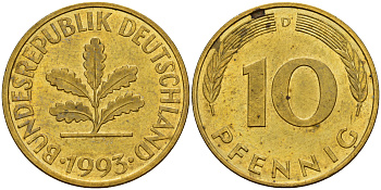 ФРГ 10 пфеннигов 1993 D J. 383, KM 108 сталь плакированная латунью    4603-646