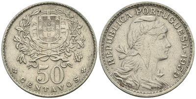 Португалия 50 сентаво 1959 KM 577 медно-никель 4148-337