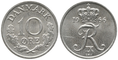 Дания 10 эре 1966 С; S, Фредерик IX (1947-1972) KM 849.1 медно-никель аUNC 100-1145