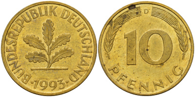 ФРГ 10 пфеннигов 1993 D J. 383, KM 108 сталь плакированная латунью    4603-646