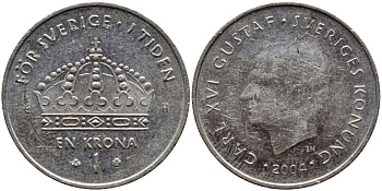 Швеция 1 крона 2004 Карл XVI Густав (1973- ) KM 894 медно-никель 177-624