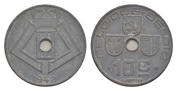 Бельгия 10 сантимов 1942 Belgique - Belgie, Леопольд III (1934-1947), германская оккупация, Вторая мировая война KM 125 цинк 4639-221