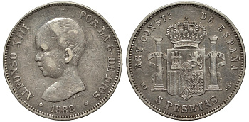 Испания 5 песет 1888 MP-M, Альфонсо XIII (1886-1931) KM 689 серебро 00-1067-4-52