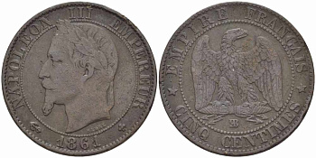 ФРАНЦИЯ 5 САНТИМОВ 1861 BB, НАПОЛЕОН III (1852-1870) KM 797.2, LE FRANC 117.3 бронза 108-512