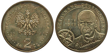 Польша 2 злотых 2011 серия польские путешественники, Фердинанд Оссендовский KM 797 латунь 111-511