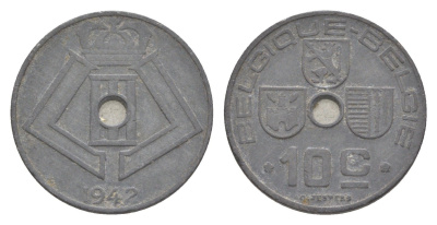 Бельгия 10 сантимов 1942 Belgique - Belgie, Леопольд III (1934-1947), германская оккупация, Вторая мировая война KM 125 цинк 4639-221