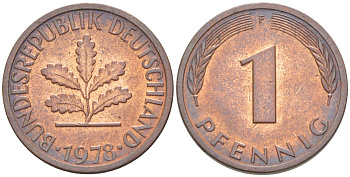 ФРГ 1 ПФЕННИГ 1978 F KM 105, J. 380 сталь плакированная медью 4181-628