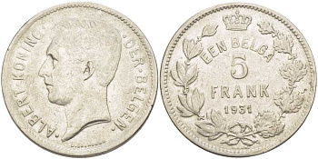 БЕЛЬГИЯ 5 ФРАНКОВ 1931 АЛЬБЕРТ I, DER BELGEN KM 98 никель 3851-332