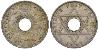 Британская Западная Африка 1/2 пенни 1947 H, Георг VI KM 18 медно-никель 25-2226