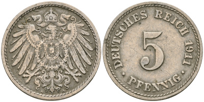 Германия 5 пфеннигов 1911 A KM 11, J. 12, Weege 6 медно-никель 08-1456