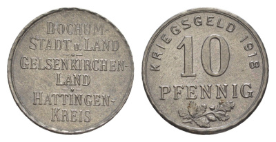 Бохум, Гельзенкирхен, Хаттинген 10 пфеннигов 1918 Funck 49.1, Men05 3022.1, Men18 3860.1 железо 4636-859