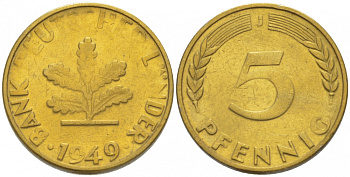ФРГ 5 ПФЕННИГОВ 1949 J KM 102, J. 377 сталь плакированная латунью 3996-1135