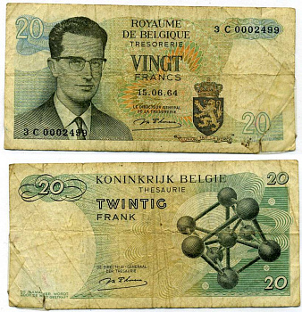 Бельгия 20 франков 1964 Бодуэн I, атомиум, d Haeze Pick 138 (1) бумага 6266-2-4-1