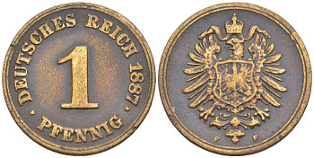 ГЕРМАНИЯ 1 ПФЕННИГ 1887 F, СТАРОГЕРБОВКА KM 1, Jager. 1, Weege 1 медь 4528-1066