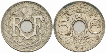 ФРАНЦИЯ 5 САНТИМОВ 1937 ТИП ЛИНДАЙЁ KM 875, LE FRANC 122.20 медно-никель 105-411