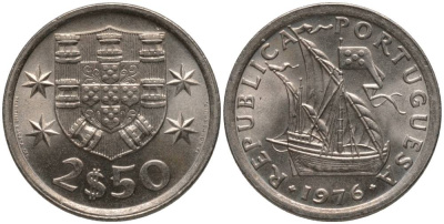 ПОРТУГАЛИЯ 2,5 ЭСКУДО 1976 ПАРУСНИК KM 590 медно-никель UNC 181-335