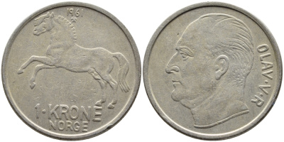НОРВЕГИЯ 1 КРОНА 1961 ЛОШАДЬ KM 409 медно-никель 4391-1117