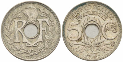 ФРАНЦИЯ 5 САНТИМОВ 1937 ТИП ЛИНДАЙЁ KM 875, LE FRANC 122.20 медно-никель 105-411