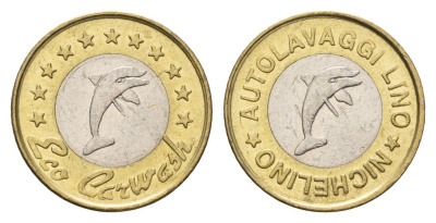 Италия жетон для мойки машин дельфин, диаметр 21 мм, вес 5,2 гр биметалл 4669-264