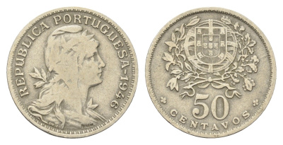 Португалия 50 сентаво 1946 голова Свободы вправо KM 577 никель латунь 4659-633