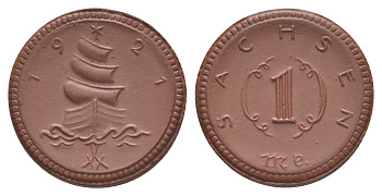 Саксония 1 марка 1921 Men05 22281.14, Men18 27868.14, Scheuch 38a фарфор 08-1157