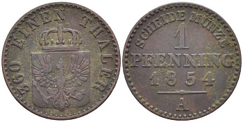 ПРУССИЯ 1 ПФЕННИГ 1854 А, ФРИДРИХ ВИЛЬГЕЛЬМ IV (1840-1861) KM 451 медь 201-535