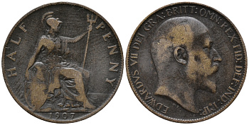 Великобритания 1/2 пенни 1907 Эдуард VII (1901-1910) KM 793.2, Spink 3991 бронза 34-1016