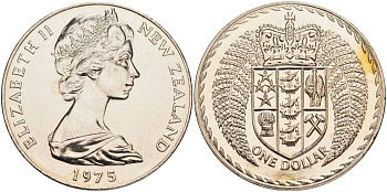 Новая Зеландия 1 доллар 1975 герб Новой Зеландии, Елизавета II (1952-2022) KM 38.2 медно-никель UNC 4552-1125