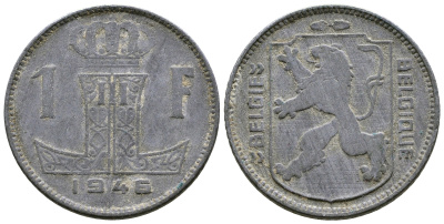 БЕЛЬГИЯ 1 ФРАНК 1946 BELGIE-BELGIQUE, ГЕРМАНСКАЯ ОККУПАЦИЯ, ВТОРАЯ МИРОВАЯ ВОЙНА KM 128 цинк 4380-323