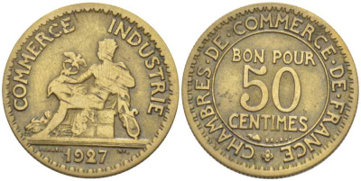 ФРАНЦИЯ 50 САНТИМОВ 1927 CHAMBRES DE COMMERCE KM 884, LE FRANC 191.10 алюминиевая бронза 201-853