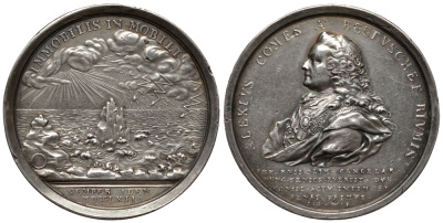 Россия медаль 1762 на назначение графа Бестужева-Рюмина фельдмаршалом, 52,1 мм, 59,4 гр Дьяков 111.1 R3 серебро 10-009-37