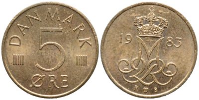 ДАНИЯ 5 ЭРЕ 1983 R; B, МАРГРЕТЕ II (1972-) KM 859.3 железо плакированное медью UNC 4392-1324