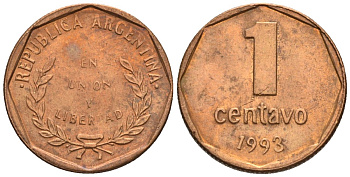 Аргентина 1 сентаво 1993 KM 113a, CJ 1.2.3, Schon 108a бронза aUNC4609-1229