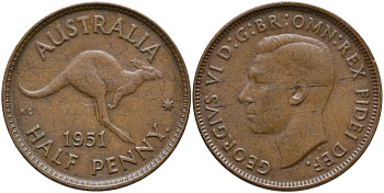 Австралия 1/2 пенни 1951 p, Георг VI (1936-1952), кенгуру, с точкой KM 42 бронза 93-1137