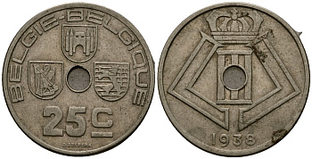 Бельгия 25 сантимов 1938 Belgie - Belgique KM 115 никель латунь 4117-224