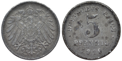 Германия 5 пфеннигов 1919 D KM 19, J. 297, Weege 5 железо 4118-1036