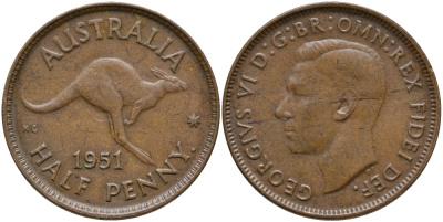 Австралия 1/2 пенни 1951 p, Георг VI (1936-1952), кенгуру, с точкой KM 42 бронза 93-1137