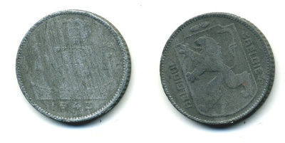 БЕЛЬГИЯ 1 ФРАНК 1943 BELGIQUE KM 127 цинк 57-423